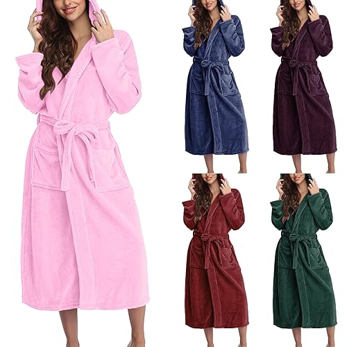 hooded dressing gown Dressing Gown Womens Fluffy Flannel Fleece Hoodie Ladies Bathrobe with Pockets Full Length Gowns Winter Cozy H womens teddy fleece gowns