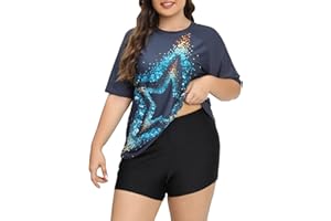 ALLTOKE Womens Two Piece Plus Size Short Sleeve Rash Guard Sets Modest Swim Shirts Top and Shorts UPF50+ Swimsuit