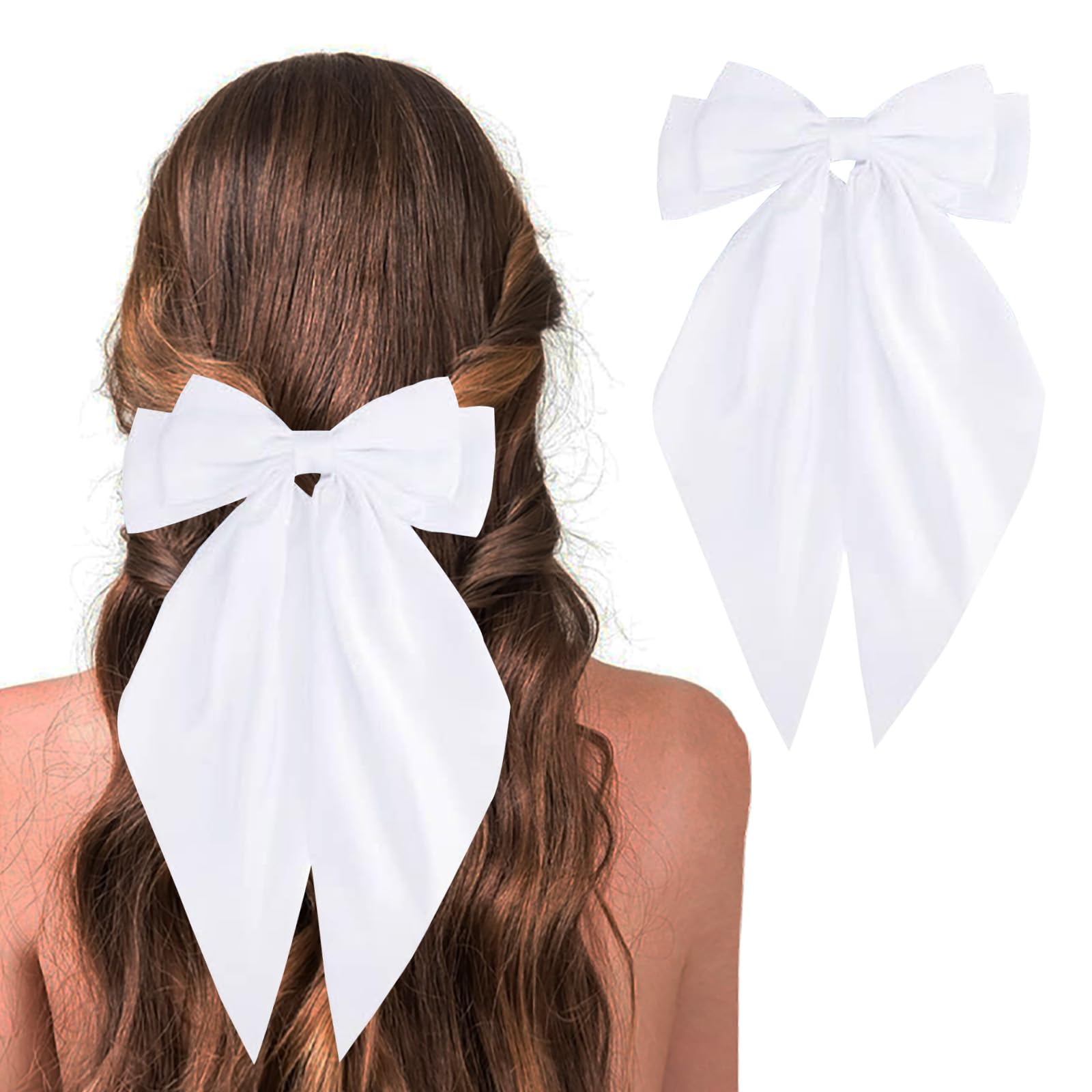 Photo 1 of Yqswstl Satin Silk Hair Bows for Women - Oversized Long Tail Bow Clips, Large Ribbon Barrettes, Metal Clips, Bowknot Cute Girls Accessories (White)