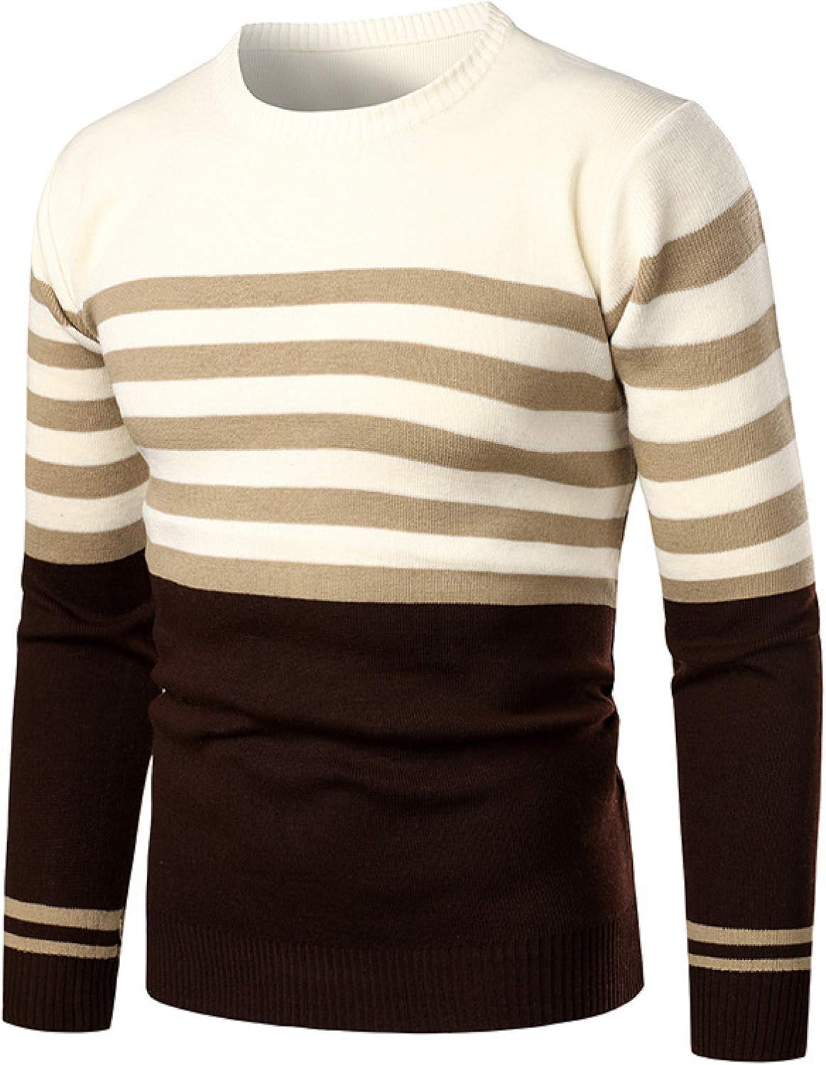 Suéteres para Hombre Otoño Suéter Fino de Cuello Redondo Suéter de Punto de Manga Larga a Rayas