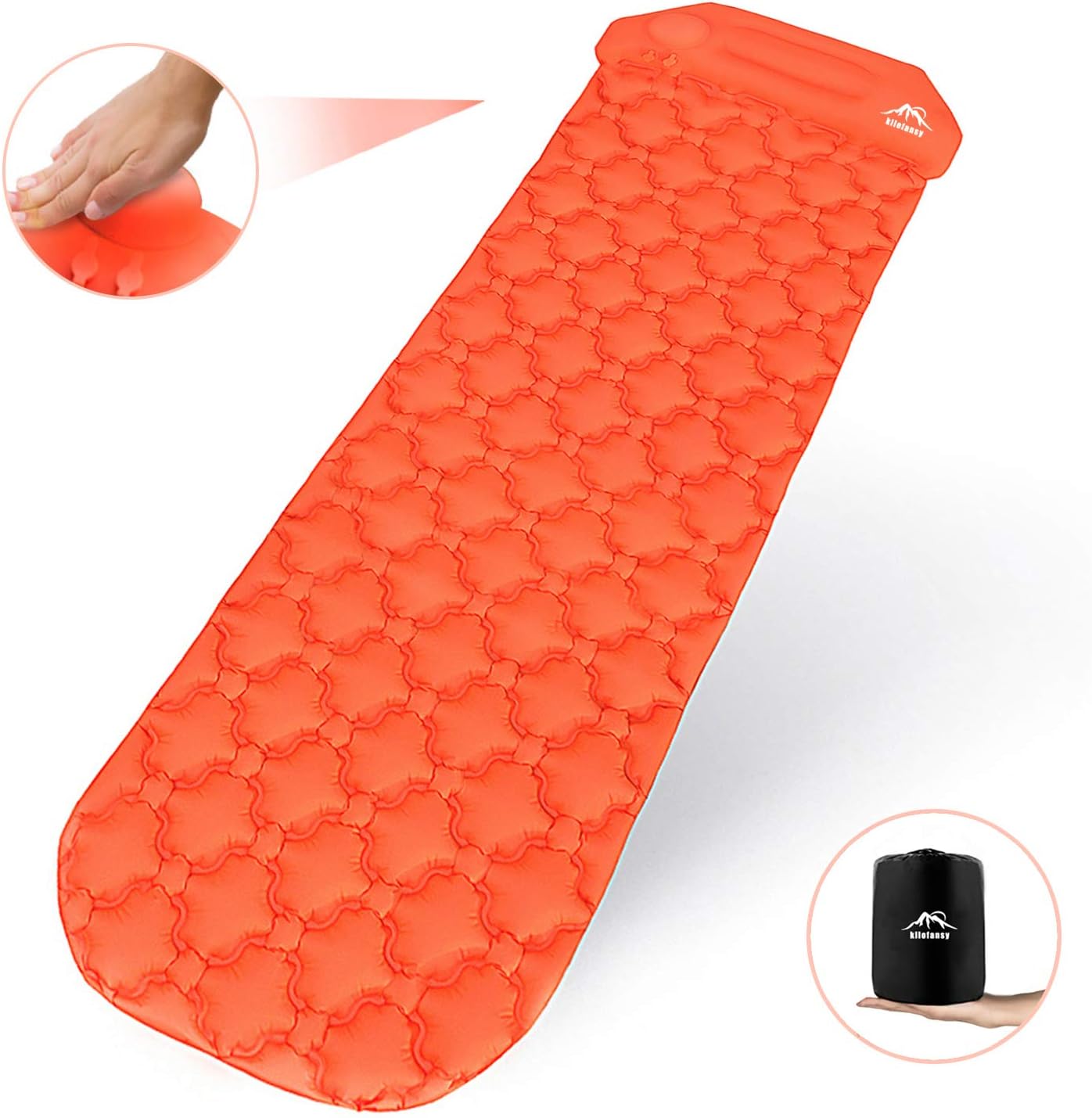 Kilofansy Sleeping Pads for Backpacking - self Inflatable Camping Sleeping Pad Outdoor Air Pad with Attached Pillow, Portable Camping bag with Hand Press Pump for Hiking Traveling