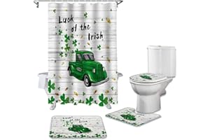 T&H XHOME St.Patrick's Luxury Shower Curtain Set 4 Pcs for Bathroom,Saint Patrick's Day Luck of Irish Green Truck Durable Waterproof Bath Curtains with Non-Slip Bath Rug Mat,Toilet Lid Cover & Contour Mat