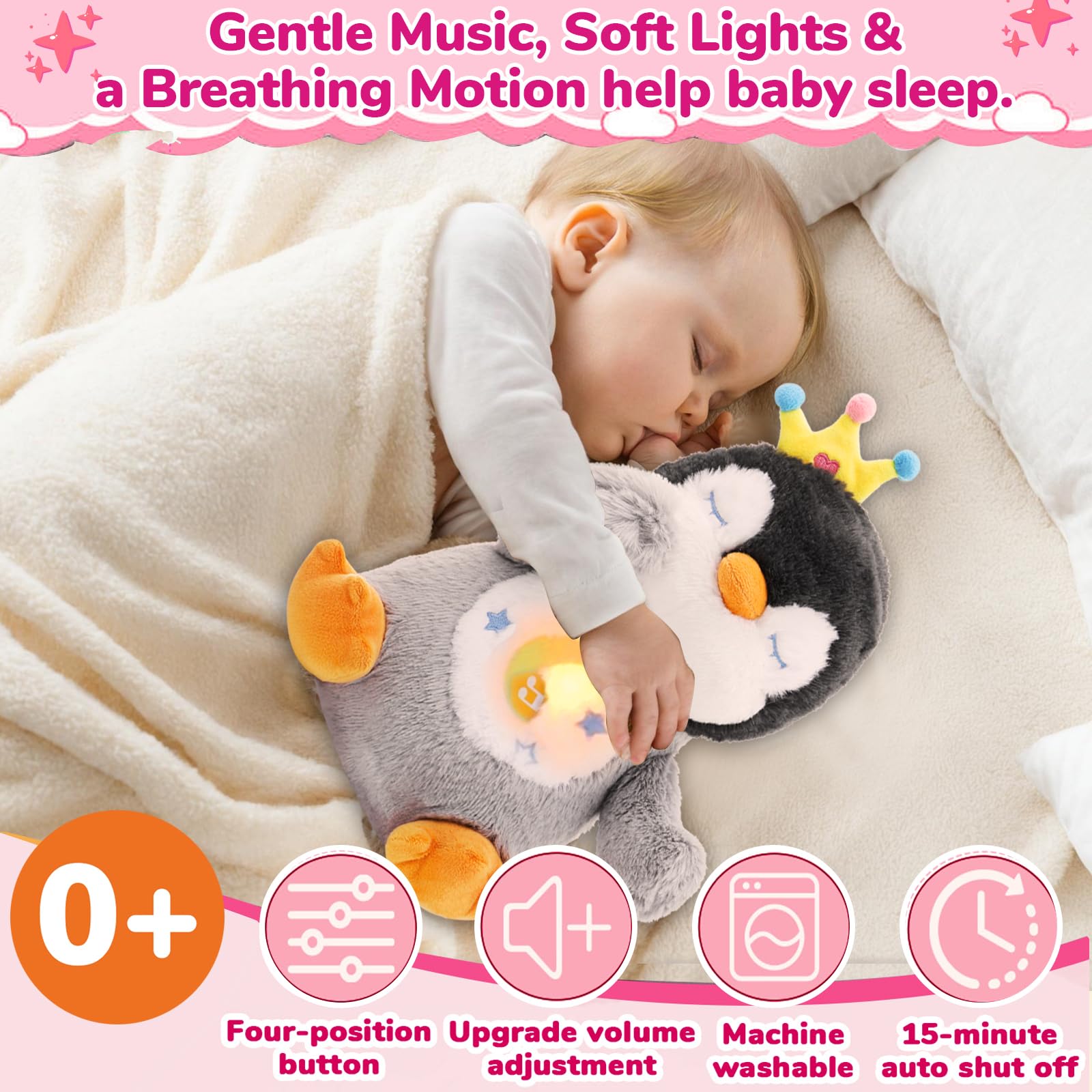 Breathing Stuffed Animal, Soothe Snuggle Penguin Plush for Anxiety Adults and Kids, Volume Control, Machine Washable, Sleep Buddy Soothing Penguin with Realistic Breathing and Lights Music, 4 Modes