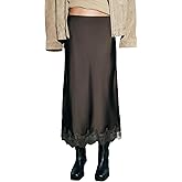 Aonoapll Women Satin Lace Long Skirt Elastic Waist Silky Lace Trim Midi Skirt Y2k Half Slip Maxi Skirts for Under Dress