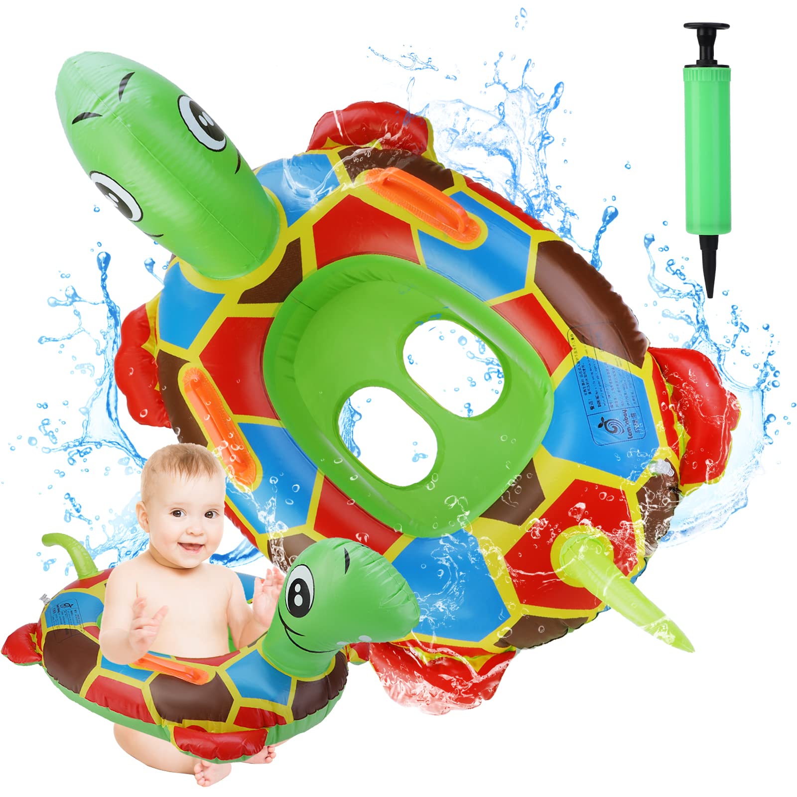 Pwsap Turtle Shaped Baby Swimming Ring, Inflatable Baby Swimming Float PVC Safety Aid Float Seat Circle Swim Float Boat with Double Handle and Inflator for Age 3+ Years Toddler Floating Training