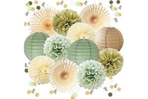 FETETIJD Sage Green Party Decorations Sage Gold Cream Tissue Paper Pom Poms Paper Lanterns Sage Green Confetti Dots Scatter Table Decoration for Baby Shower Birthday Wedding Engagement Party Decorations