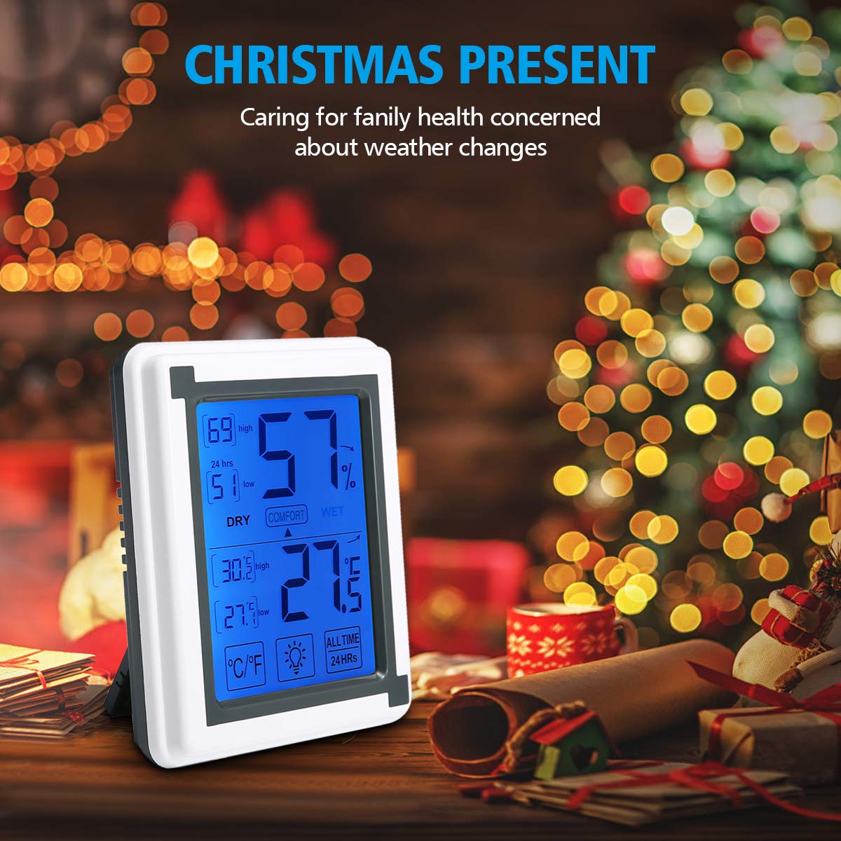 6 IN 1 Thermometer innen Thermo-Hygrometer von MOHOO, Hygrometer, komfortable Funk-Wetterstation, Feuchtigkeitsmesser, Temperaturmesser, Wecker, Datumsanzeige, Nachtlichtfunktion, 9.2cm x 9.2cm