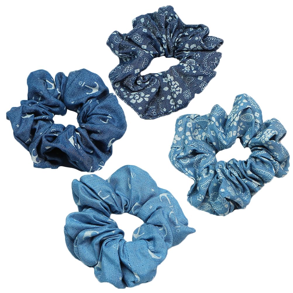 Lurrose 4pcs Denim Hair Scrunchies Hair Ties Hair Ropes Ponytail Holders Hair Accessories for Women Girls (Random Style)