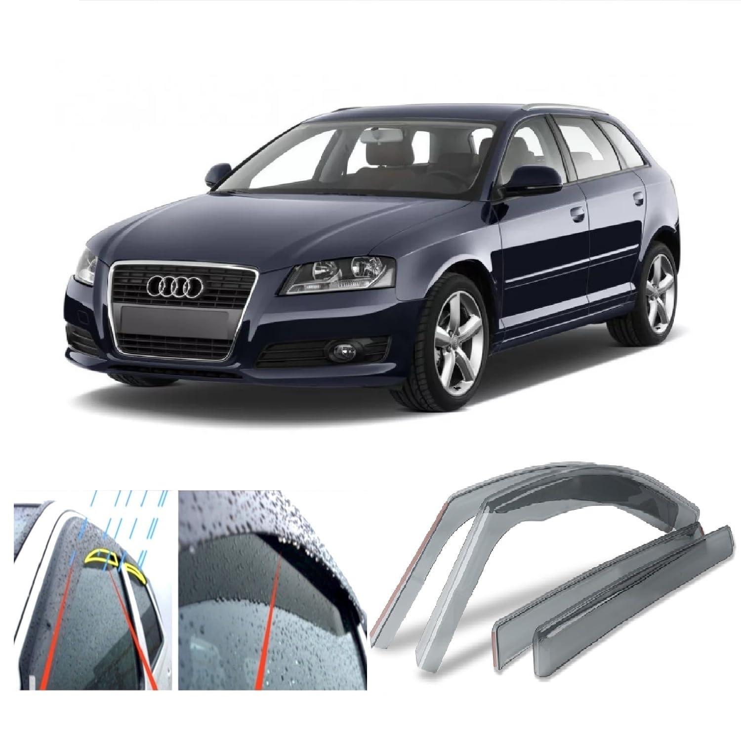 AC WOW Set of 4 Wind Deflectors Compatible with AUDI A3 S3 RS3 5-Door Sportback 2003 2004 2005 2006 2007 2008 2009 2010 2011 2012 Acrylic Glass PMMA Window Sun Visors/Weather Shields/Rain Guards