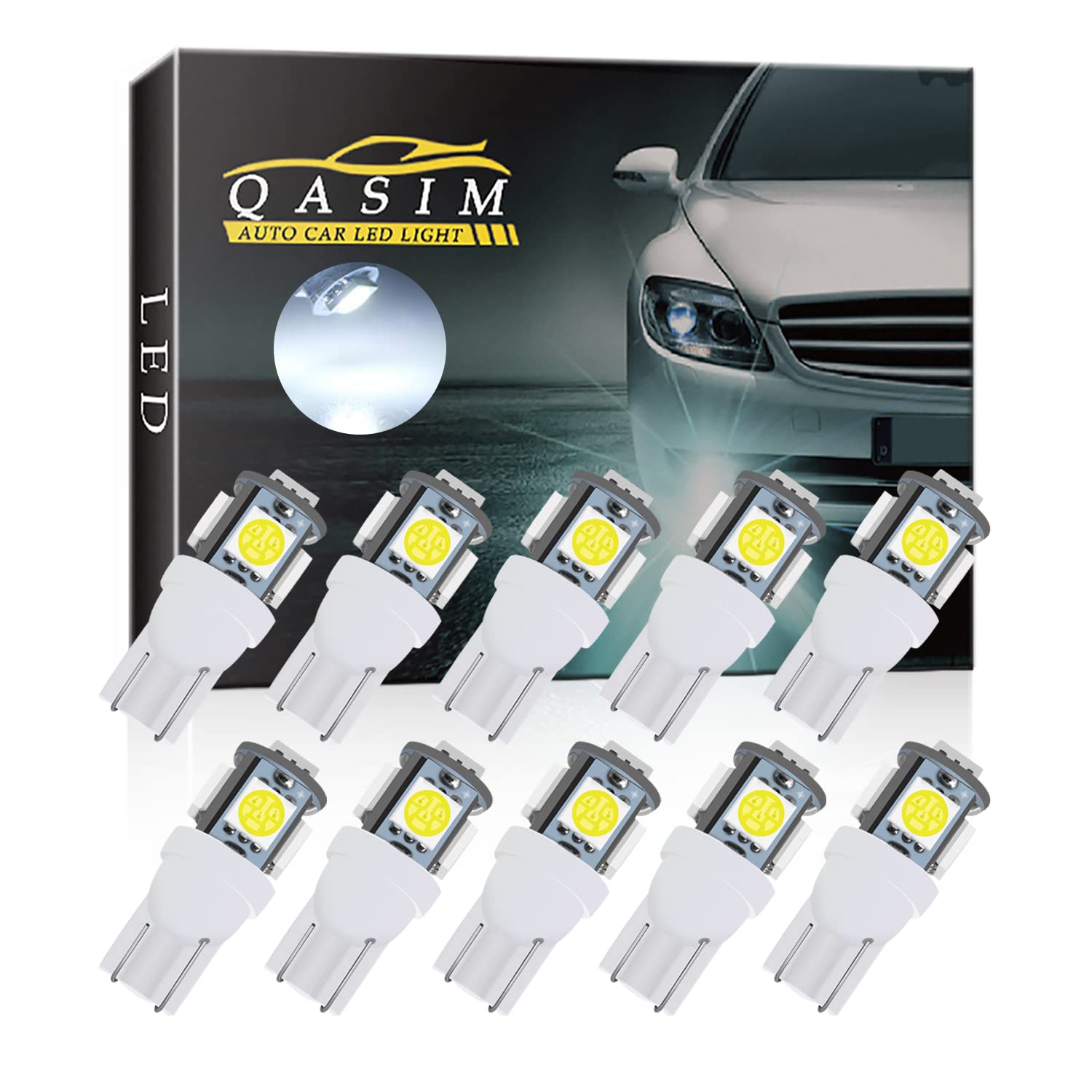 Qasim 10pcs T10 W5W LED 501194 168 Bulbs 5SMD 5050 Chipset Wedge for Car Interior Dome Dashboard Map RV License Plate Side Lights DC 12V White