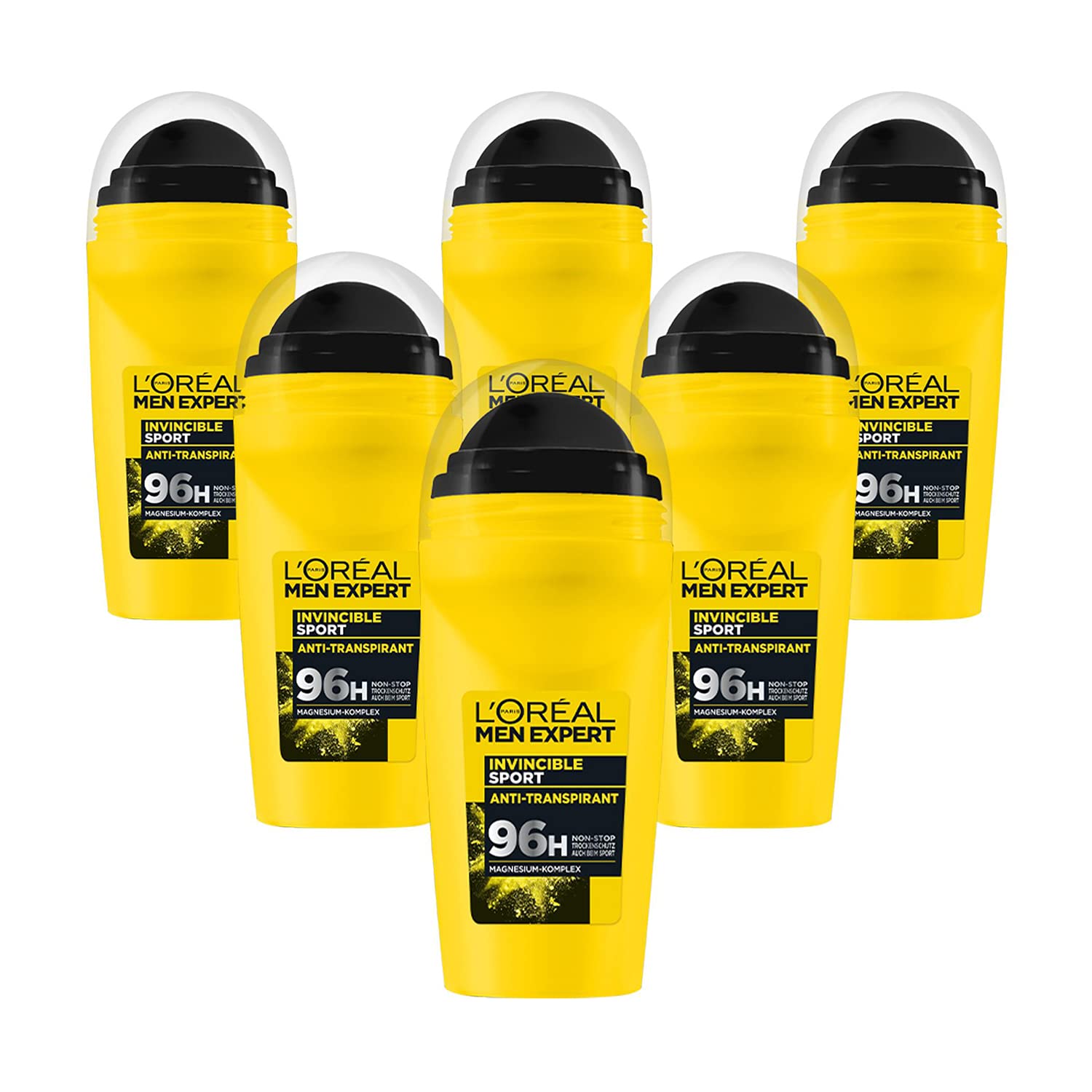 L'Oréal Men Expert Kompaktes Deo für Männer, Langanhaltender Deoroller gegen Schweiß mit 96 Stunden Wirkung, Invincible Sport, 6 x 50 ml