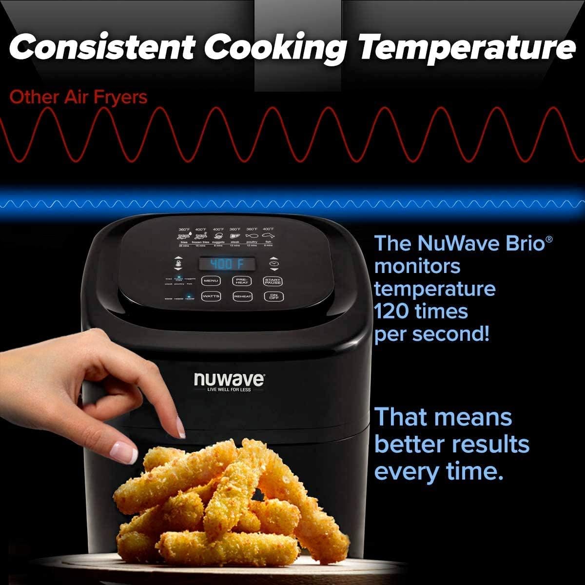 NUWAVE BRIO 6-Quart Digital Air Fryer with one-touch digital controls, 6 easy presets, precise temperature control, recipe book, basket divider, wattage control, PREHEAT & REHEAT Function: Kitchen & Dining