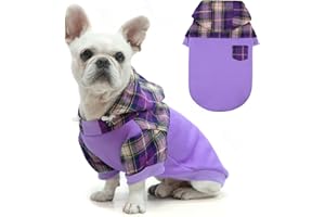 K9meme Plaid Dog Hoodie, Fleece Material, Purple, S/M (14" Back, 19" Chest, 16" Neck), for Small Medium Dogs, Warm Dog Sweatshirt with Hat and Leash Hole