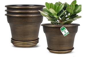 FODETYFF Plant Planters Pots Set of 4 Pack 8 Inch, Plastic Flower Pot For Indoor Plants With Drainage Holes & Trays, Resin Decorative Container Sets With Saucer For House Outdoor Garden Planters Dark Gold