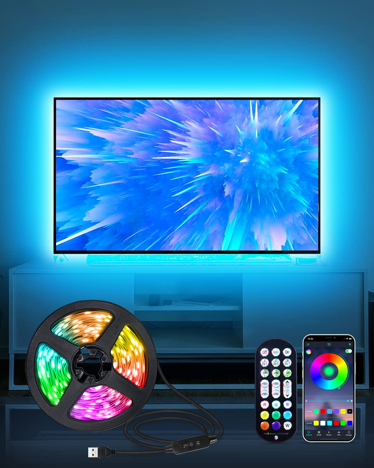 Daymeet Led Lights for TV, TV Backlight 3M USB Led Light Strip for 32-60 inch TV Monitor Behind Lighting, RGB Color Changing TV Lights with Remote Music Sync Bluetooth APP Control