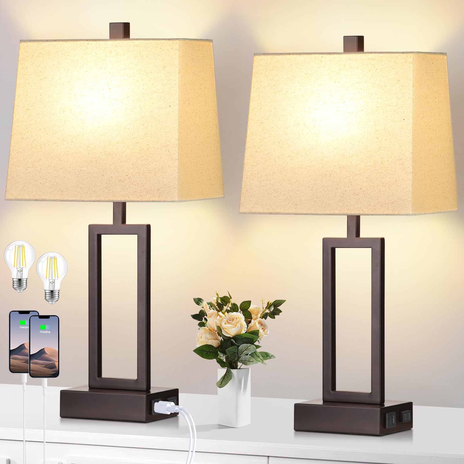 Photo 1 of Lolikit 23.5" Touch Control Table Lamps, Metal Bedside Lamp for Bedroom Set of 2 with USB A+C Ports & AC Outlet, 3-Way Dimmable Nightstand Lamp for Living Room (LED Bulb Included)