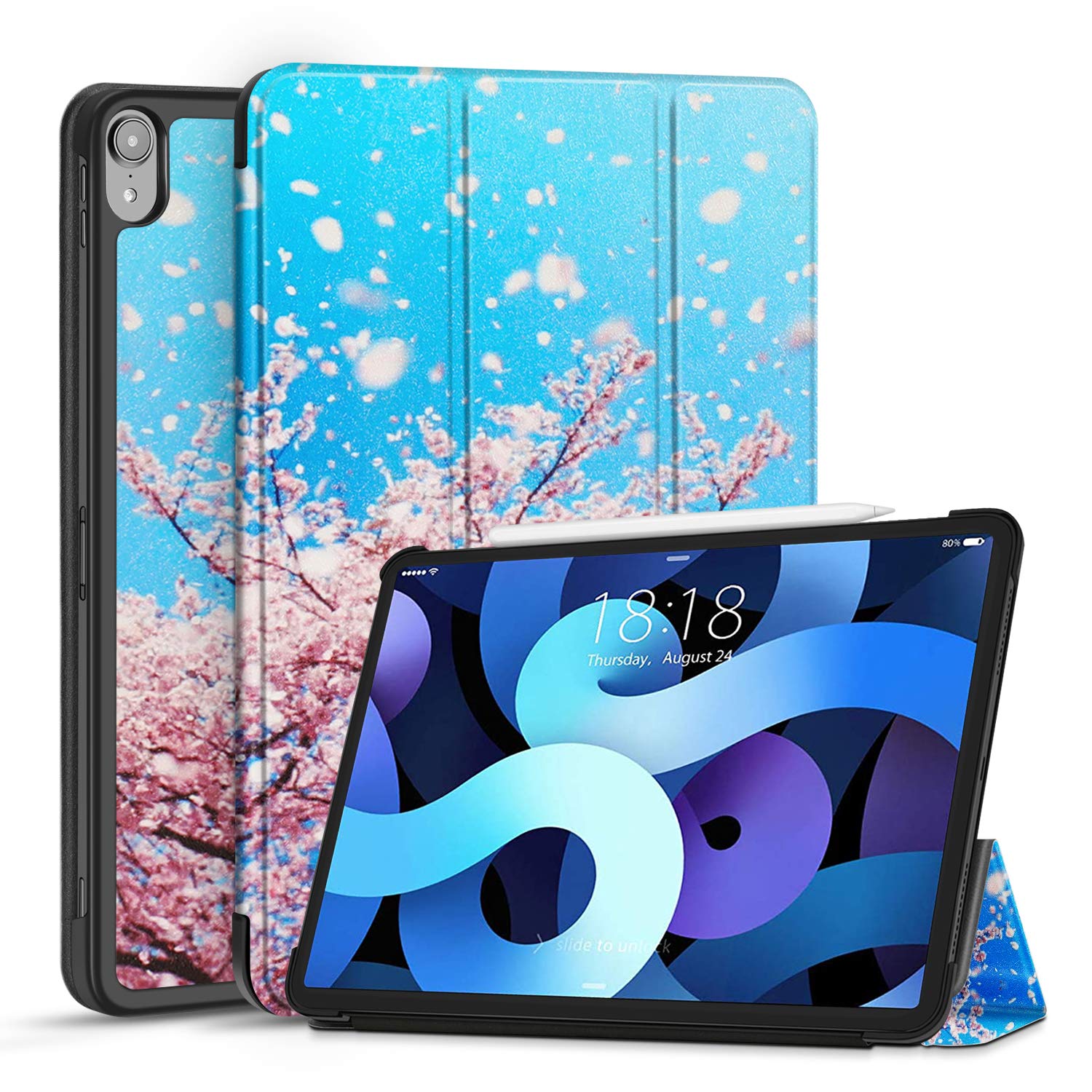 TNP Cover Case for iPad Air 11 Inch M2 6th 2024, 5th 4th Generation(2022 2020) - 10.9" Cherry Blossom Case with Pencil Holder for 2nd Gen Apple Pencil - Protective Cover with Trifold Stand