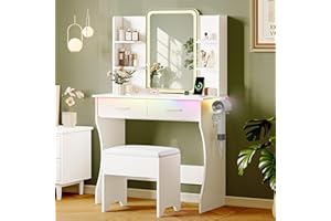 BOONATU White Makeup Vanity Desk with Mirror and Lights, Small Vanity Table Set with Power Outlet, Dressing Table with 2 Drawer & 4 Storage Shelves, Adjustable RGB Lighting, Includes Chair for Girl’s Bedroom