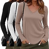 Sweetyweee 3 Pack Women's Long Sleeve Shirts Cotton V Neck Casual Tops Roll Hem Lightweight Basic Tee Soft 2026 Trendy Outfit
