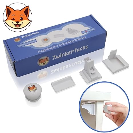 Unsichtbare Kindersicherung von Zwinkerfuchs® - Magnetschloss-Set zur Schubladensicherung und Schranksicherung - 8 Schlösser, 2 magnetische Schlüssel, 2 Schlüsselhalter, Ersatzklebebänder - weiß