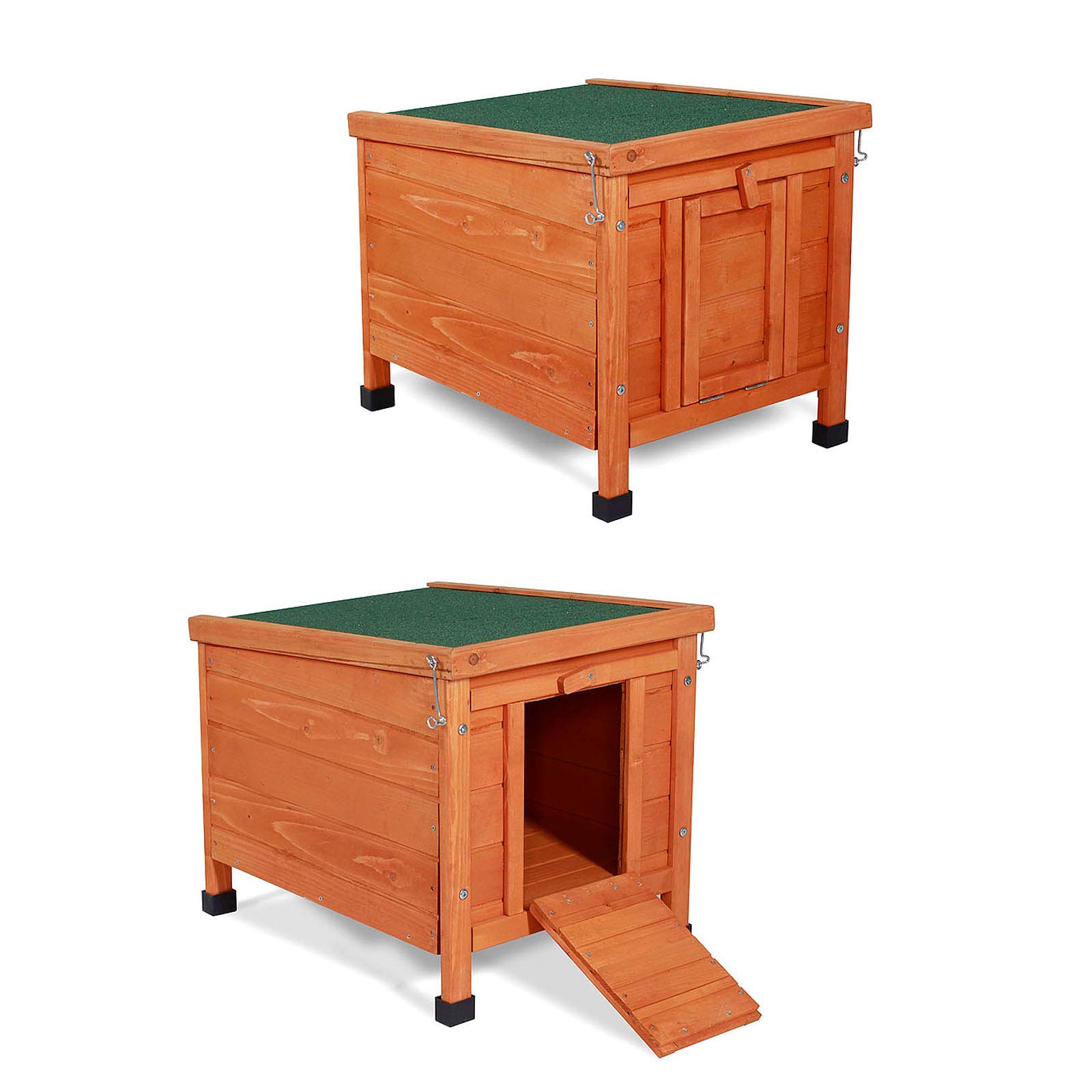 lionto Wooden rabbit hutch with two entrances, 43x43x52 cm, water-repellent hinged bitumen roof & plastic feet, indoor & outdoor rabbit hutch, winter-proof