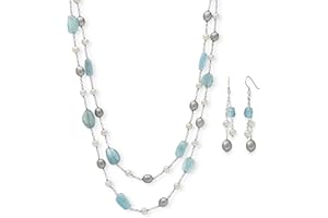 Belacqua Natural Aquamarine or Rose Quartz Cultured Freshwater Pearl Layered Station Necklace in Sterling Silver, Multi-Strand 18" Rolo Chain, Real Pearl Jewelry for Women, Gift Box Included
