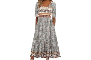 TWRWX Casual Dresses for Women Boho Floral Flowy A Line Dress Summer Short Sleeve Dress Beach Vacation Dresses with Pockets