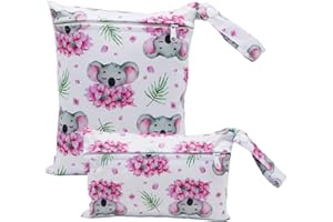 SMARBORE 2 Pack Cute Little Wet Dry Bags for Baby Diapers & Breast Pump Parts, Waterproof Reusable Wet Bag with Handle, Beach Pool Gym Bag Stroller Yoga Toiletries Daycare Organizer, 7.9"*9.8"/5.9"*8.9"