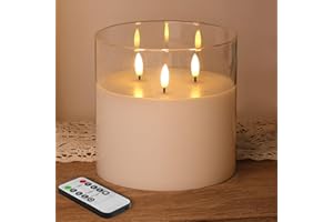 Eywamage 3 Wick Clear Glass Flameless Candle with Remote, Large Flickering LED Battery Pillar Candle Φ 6" H 6"