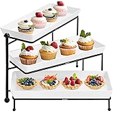 Yedio 3 Tiered Serving Stand, Foldable Rectangular Food Display Stand with White Platters - Serving Trays, Dessert Display Server for Brithday Party, Valentine's Day and Events