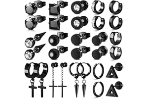 XINNSTAR Black Earrings for Men, 15 Pairs Stainless Steel Men Earrings Set Hypoallergenic Cross Dangle Hoop Stud Earrings Piercing Jewelry