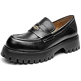BEAU TODAY Chunky Loafers for Women, Platform Penny Loafers for Women, Chunky Heel Lug Sole Leather Shoes Casual Comfortable Business Work Shoes Slip-on Black-C US 9