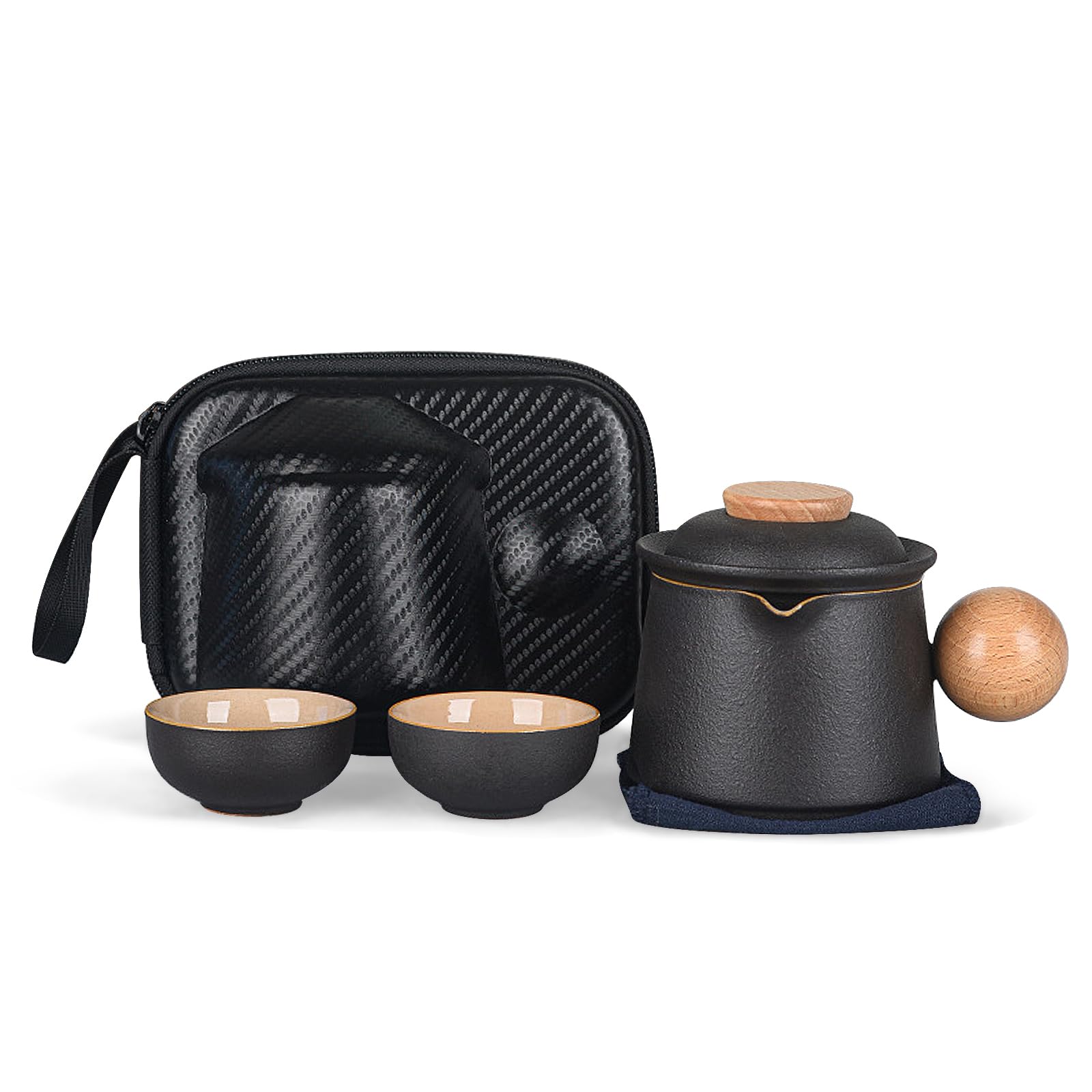 fanquare Porcelain Tea Set Black Mini Portable Travel Tea Set Chinese Kung Fu Teapot with Infuser Storage Bag for Outdoors