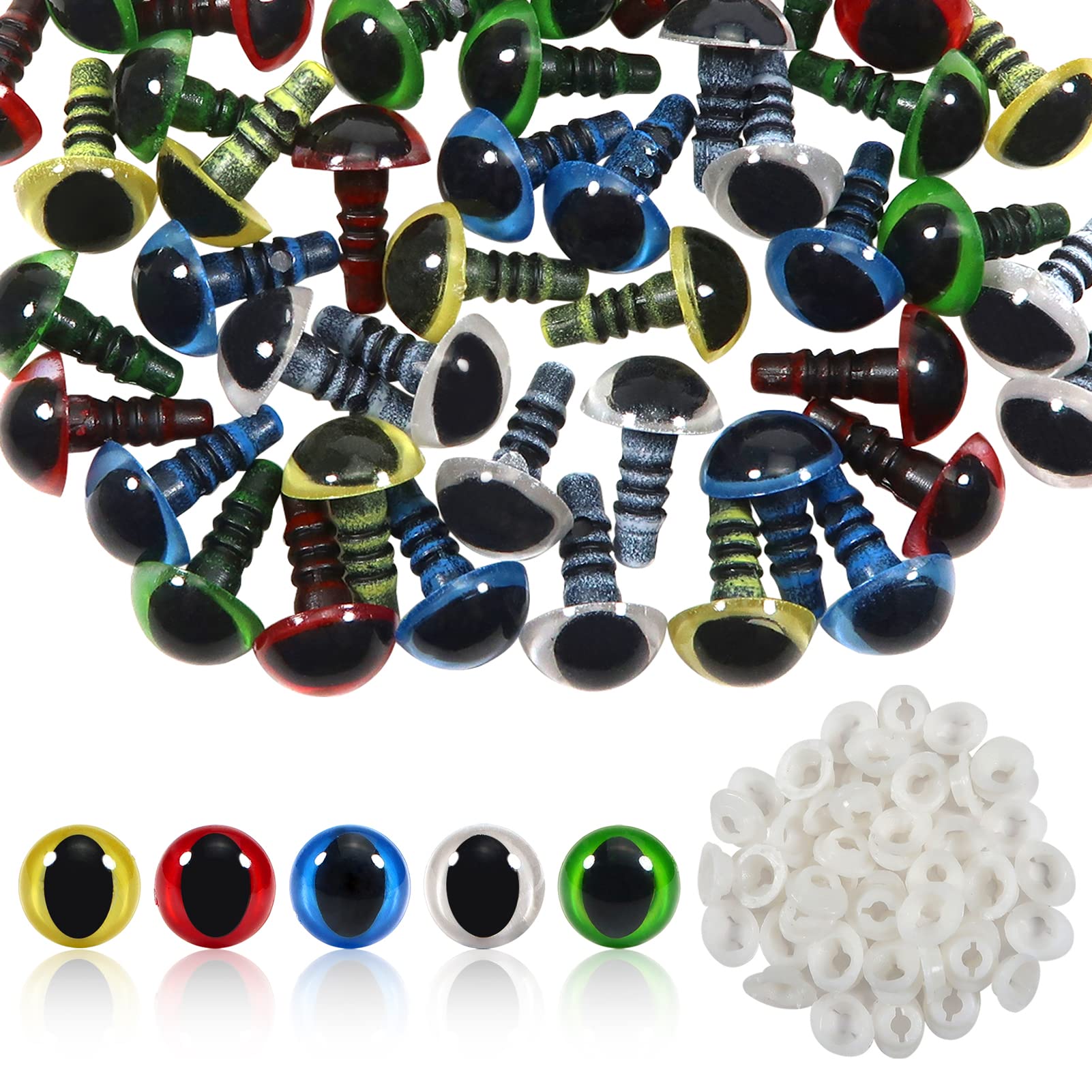 TOAOB Pack of 50 Coloured Plastic Safety Eyes 10 mm with 50 Washers for DIY Craft Making Soft Toy Animals Dolls Puppets
