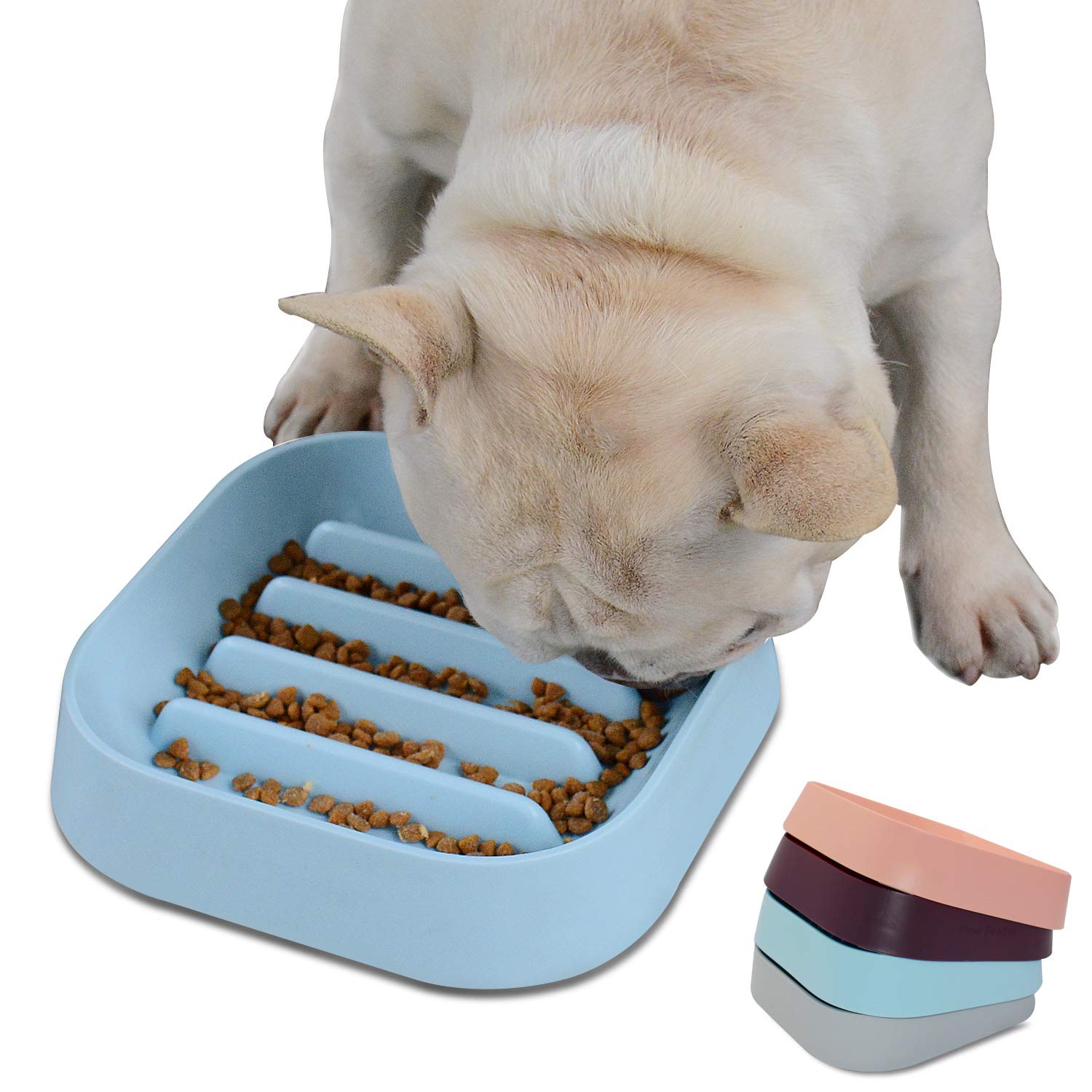 Hifrenchies Healthy Slow Feeding Dog Bowl for French Bulldog -Slow Feeder Dog Bowl Fun Feeder No Chocking Dog Cat Food Water Bowl with Striped or Four-Leaf Clover Pattern (Striped Bowl Blue)
