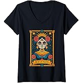 Womens Tarot Catrina Top for Women, Dia De Los Muertos Sugar Skull V-Neck T-Shirt