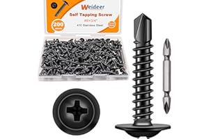 weideer 200pcs #8×3/4" Self Tapping Screws for Metal, Sheet Metal Screws, 410 Stainless Steel Black Oxide Truss Head Screw,Self Drilling Screws,Quick Tapping Screw with Screwdriver Bit