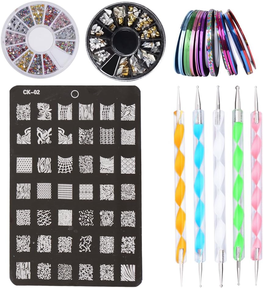 Beautiful Accessories Kit Nail - 30 x rolls of adhesive tape for Nail, 1 x Plate Stamping Nail Printer, 2 x Boxes of rhinestones, 5X feathers to make Puntitos on drawings Nails