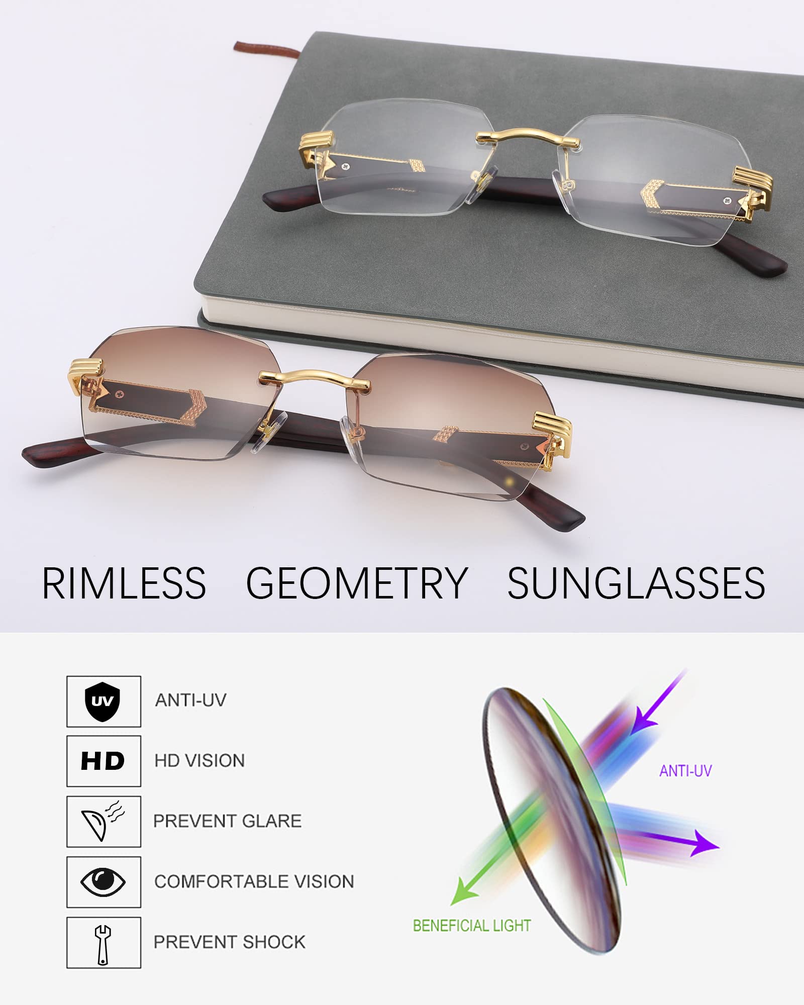 Pro Acme Rimless Rectangle Sunglasses for Men Women Hexagon Shade Eyewear Frameless y2k Glasses