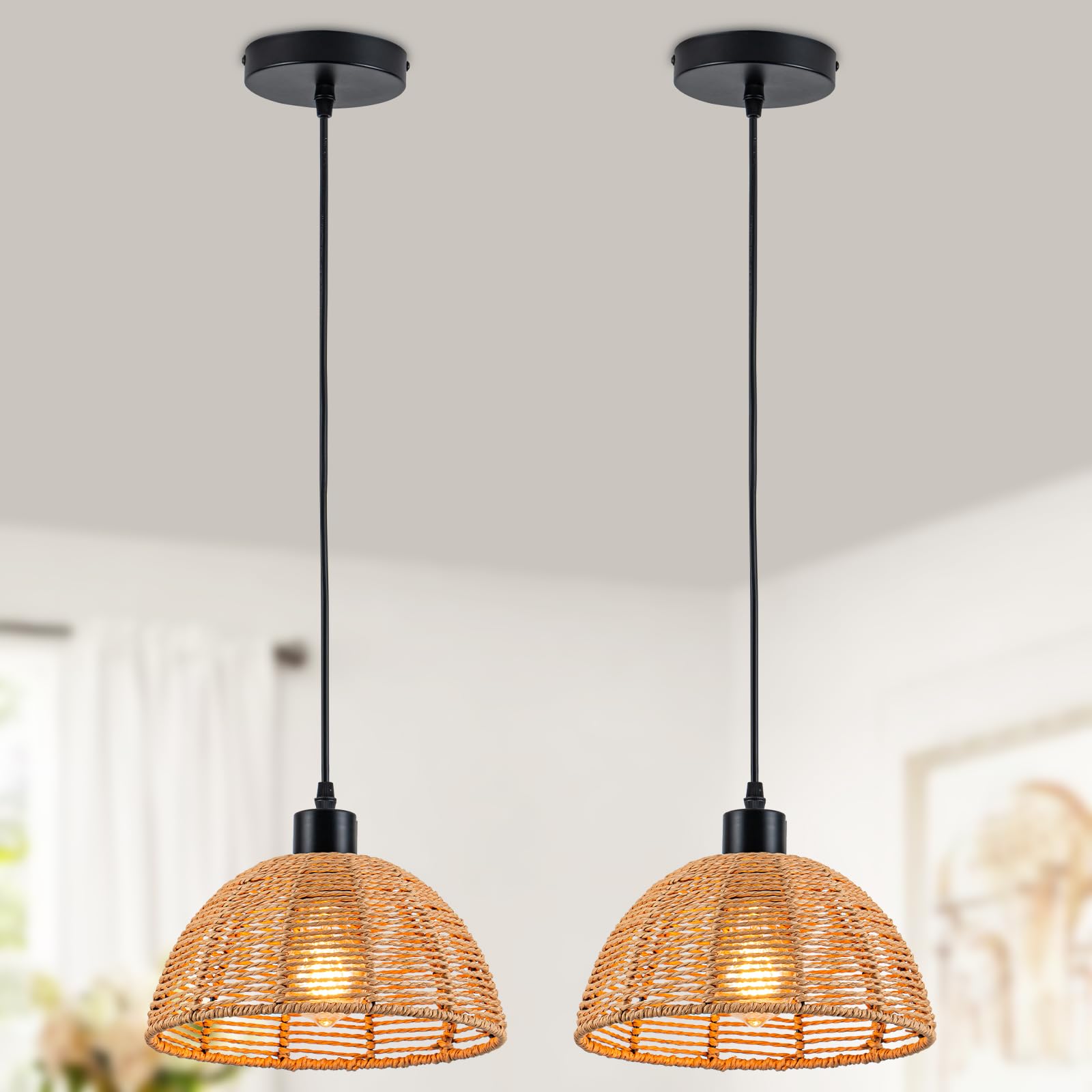 Photo 1 of Glarmeres Boho Rattan Pendant Lights Vintage 2-Pack Farmhouse 9.84" Dome Hand Woven Bamboo Pendant Light Fixture Retro Boho Pendant Lighting for Kitchen Island, Bedroom, Dining Room, Hallway
