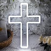 SYLHOME Cross Led Neon Light Sign Kids Bedroom Nursery Wall Sign Decor Christening Baby Shower Wedding Birthday Christmas Party Backdrop 11.8" X 8.66" USB Cold White