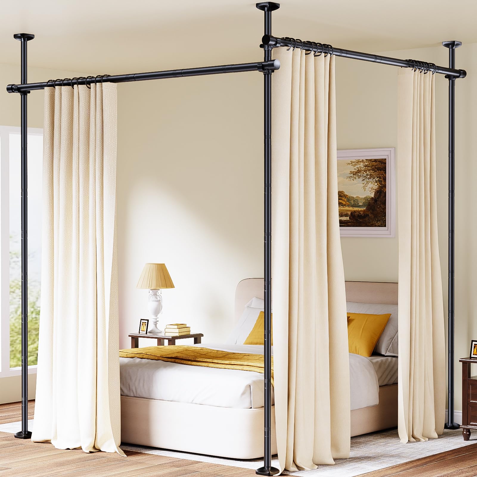 Photo 1 of Bonpally Room Divider Curtain Rod, No Drilling Tension Rod for Room Separation, 4-10ft(H)28-114inch(W) Adjustable Heavy Duty Floor to Ceiling Wall Divider Room Partition Privacy Separator, Black