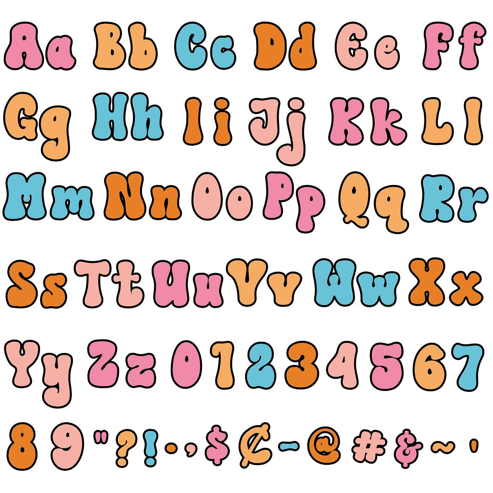 Photo 1 of Engrowtic 300 Pcs Retro Colors Letters Cutout for Bulletin Board, Retro Groovy Classroom Decor, 4" Letters Upper and Lowercase Alphabet, Numbers, Symbols Cutout for Classroom Wall Party Decor