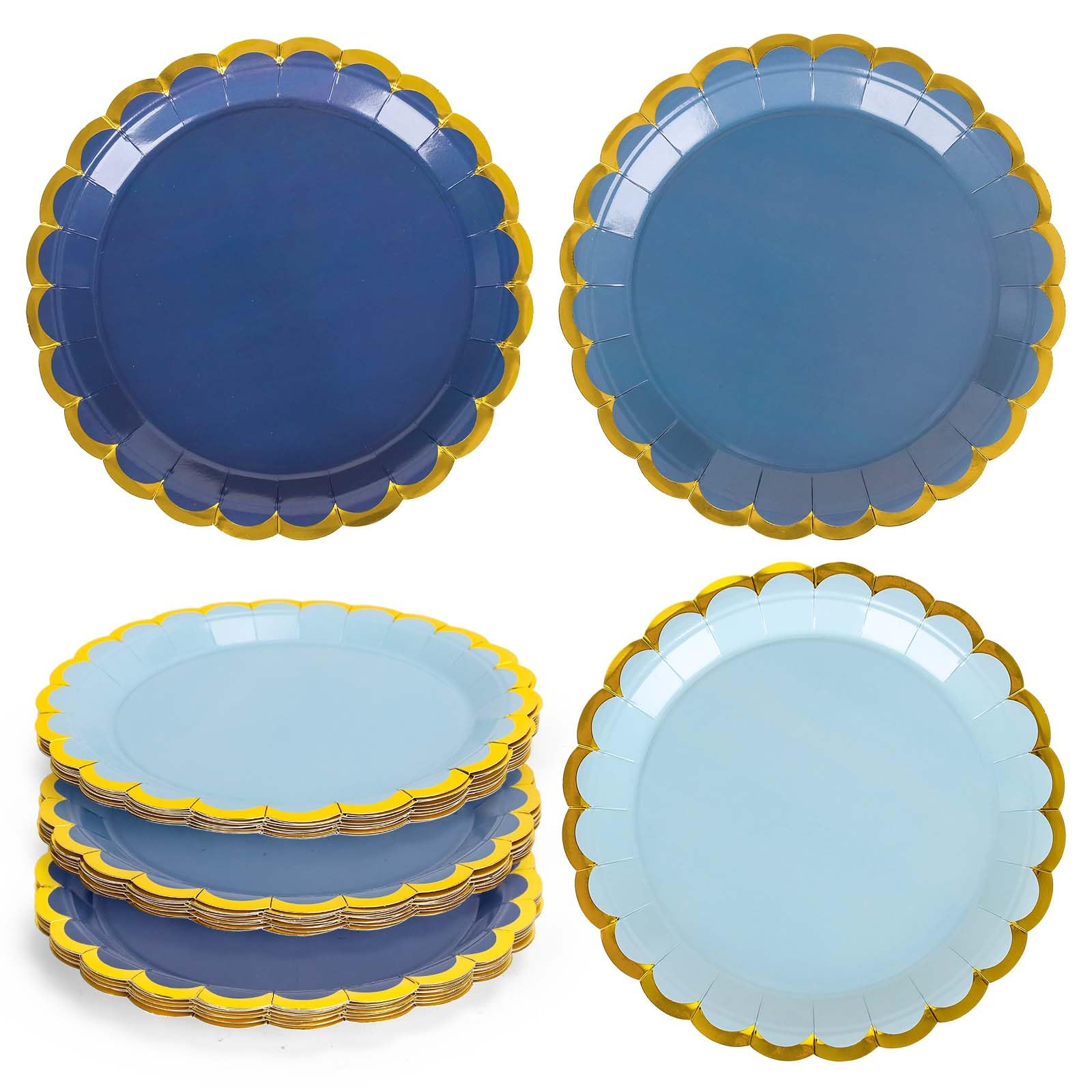 Photo 1 of Whaline 30Pcs Dusty Blue Paper Plates Gold Foil Scalloped Border Disposable Plates 3 Colors Gradient Blue Tableware for Birthday Baby Shower Party Table Supplies, 9 Inch