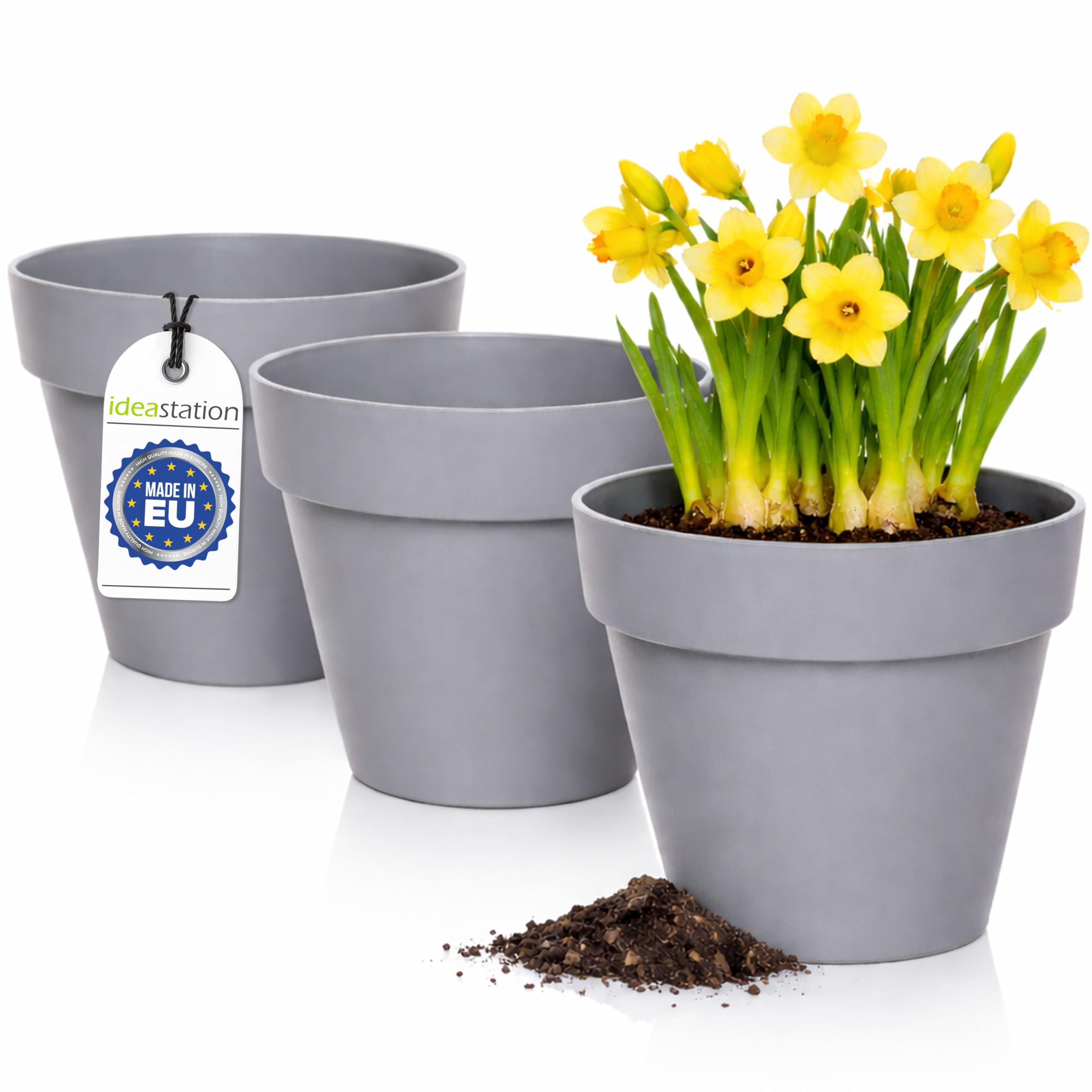 idea-station IBI Plastic Plant Pot Set 3 x 14 cm - grey - Indoor Plant Pot Set - Shatterproof Plant Pots in Modern Design, Round - Suitable for Variety of Plants - Perfect for Outdoor or Indoor Use