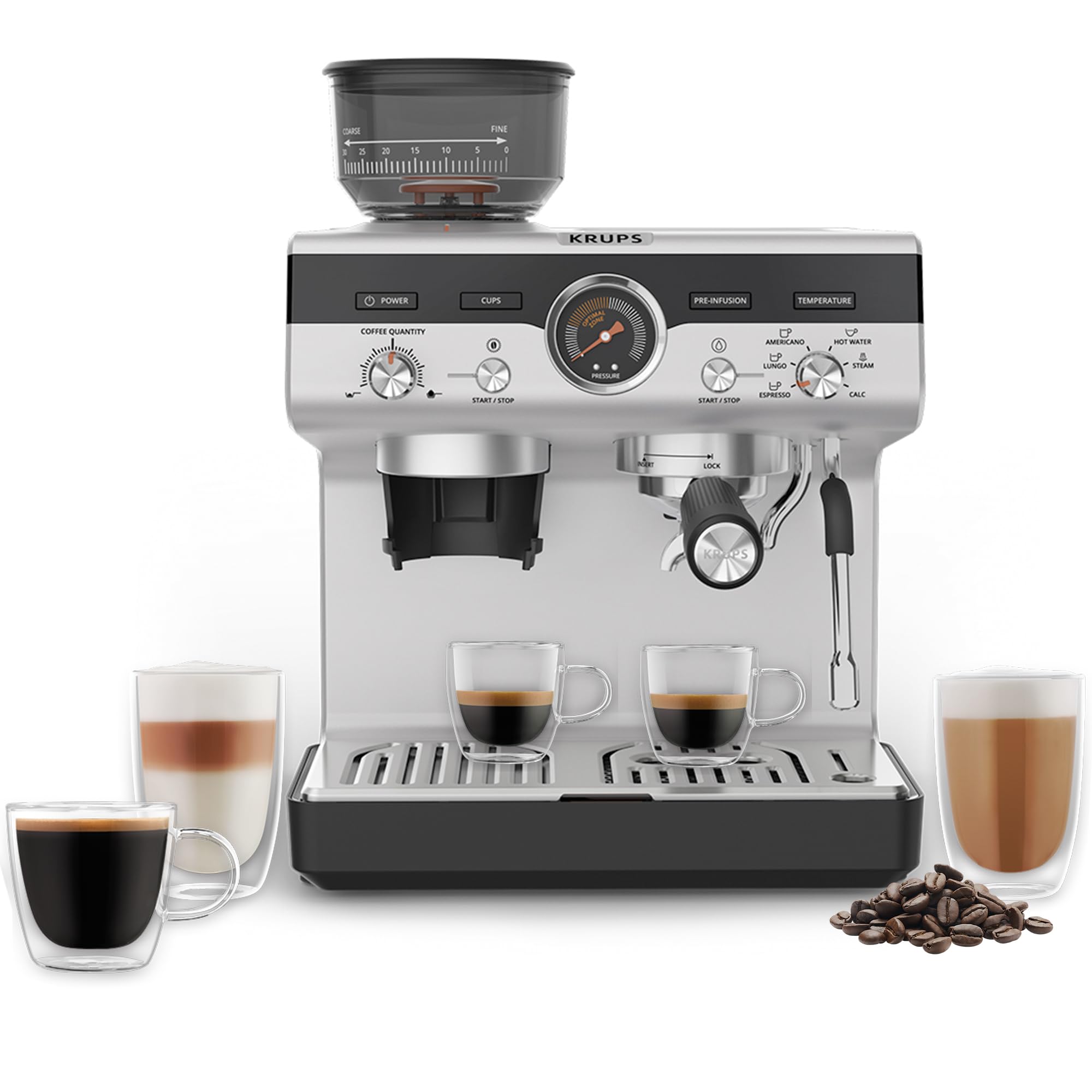 KRUPS Máquina de café expreso de precisión con molinillo, máquina para hacer café con leche y capuchino, presión de bomba + varilla de vapor de espumador de leche, ajustes de molienda ajustables para resultados de calidad de barista, acero inoxidable y negro
