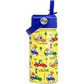 Kids Water Bottle with Straw Lid - 12 Oz Insulated Stainless Steel Vehicle Cars Water Bottles for Kid Boys - Travel Cup for School Sports