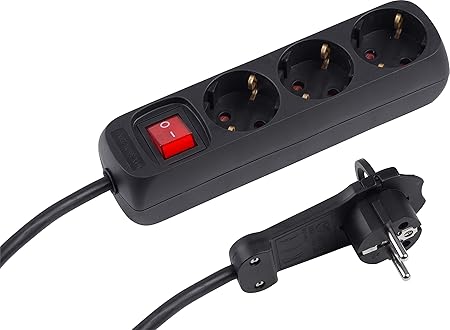 Meister Steckdosenleiste 3-fach - Extraflacher Stecker - 2 m Kabel - schwarz - IP20 Innenbereich - Beleuchteter Schalter / Me