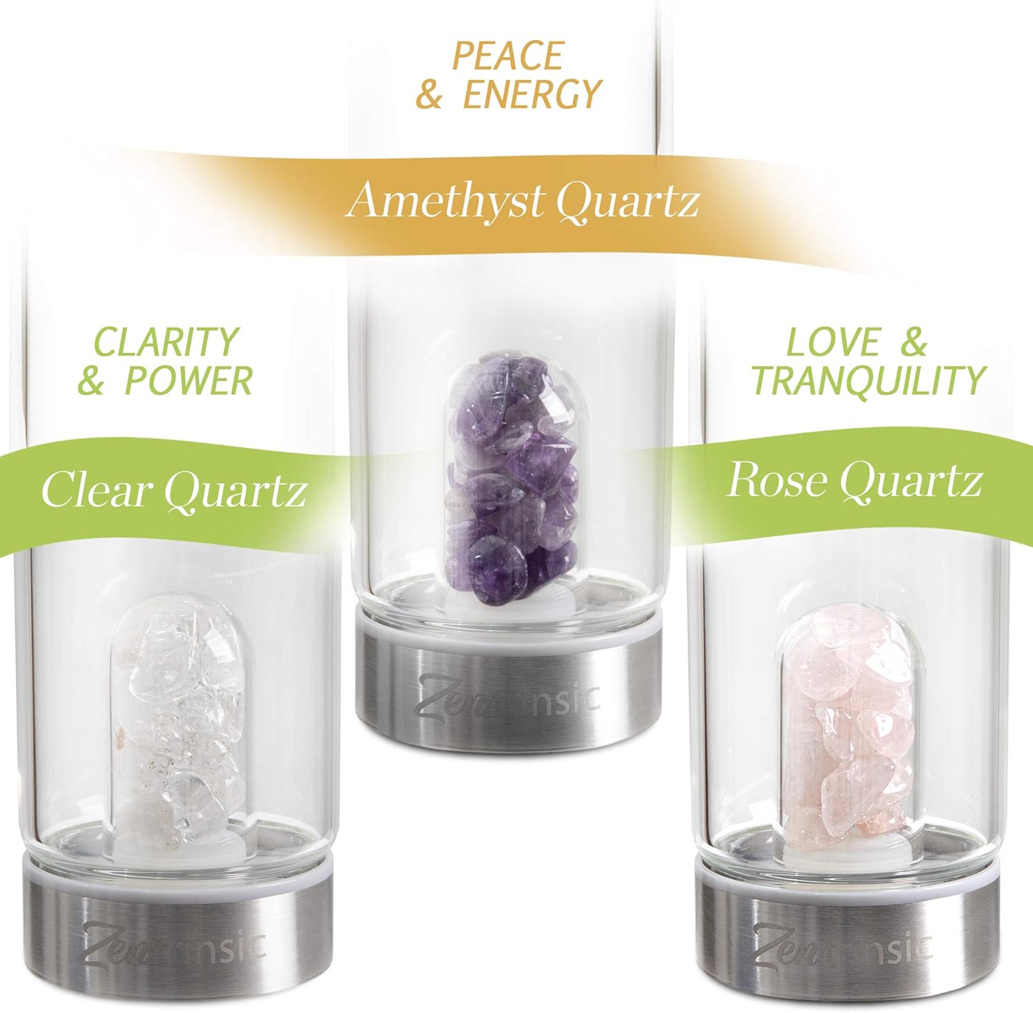 Zentrinsic Crystal Infused Water Bottle includes 3 sets of Healing Crystals-Rose Quartz, Clear Quartz, Amethyst & a Neoprene Sleeve to allow you to create Elixirs of Love & Tranquillity, Clarity & Power, Peace & Energy OR use your own Gems and Stones: Kitchen & Dining