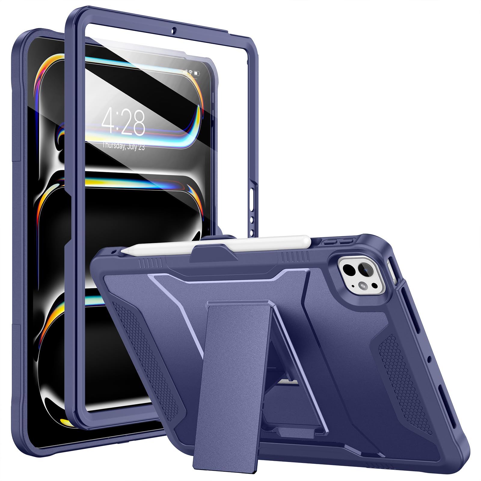 Photo 1 of Soke Case for iPad Pro 11 Inch M5/M4 (2025/2024), with Built-in Screen Protector and Kickstand, Rugged Full Body Protective Cover for Apple iPad Pro 11-Inch - Dark Blue